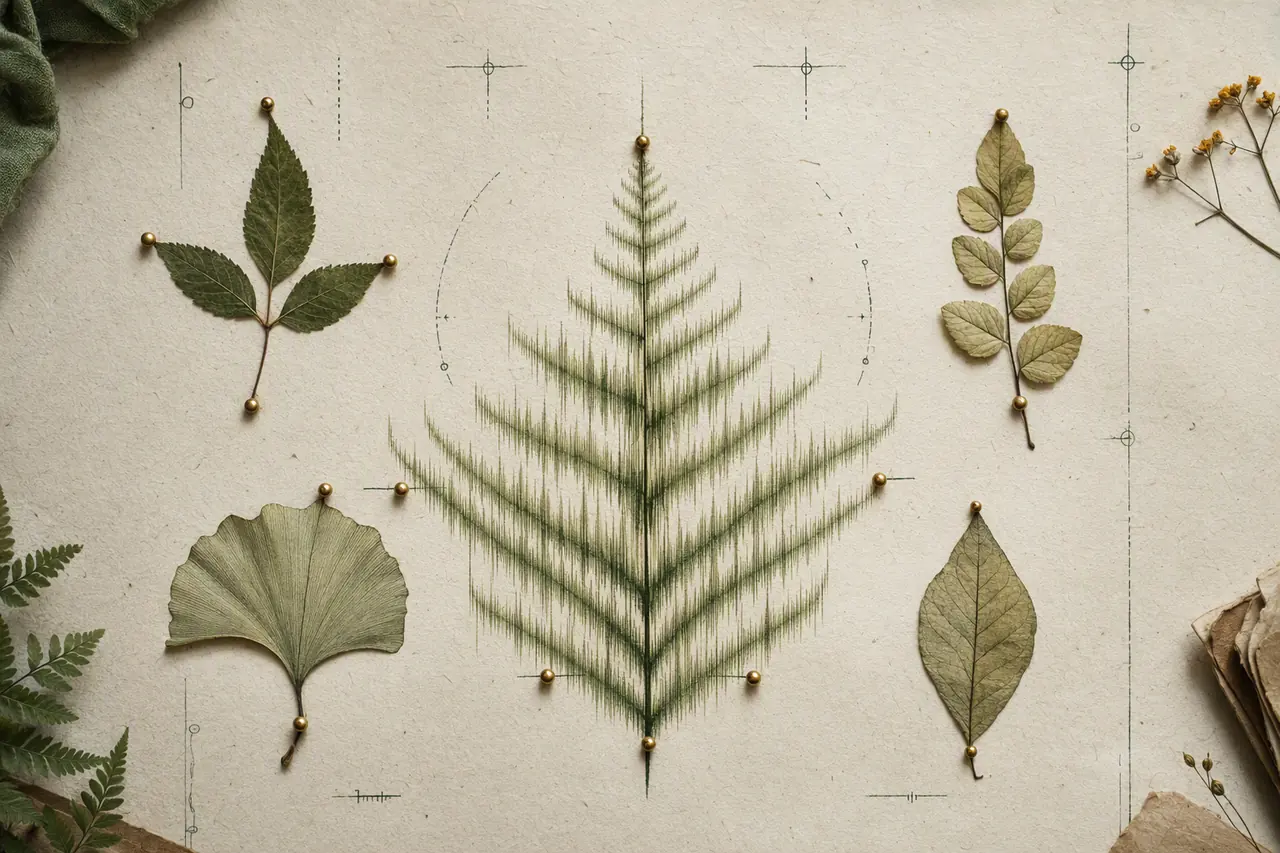 A waveform shaped like fern veins pinned among pressed leaves on a field-guide folio